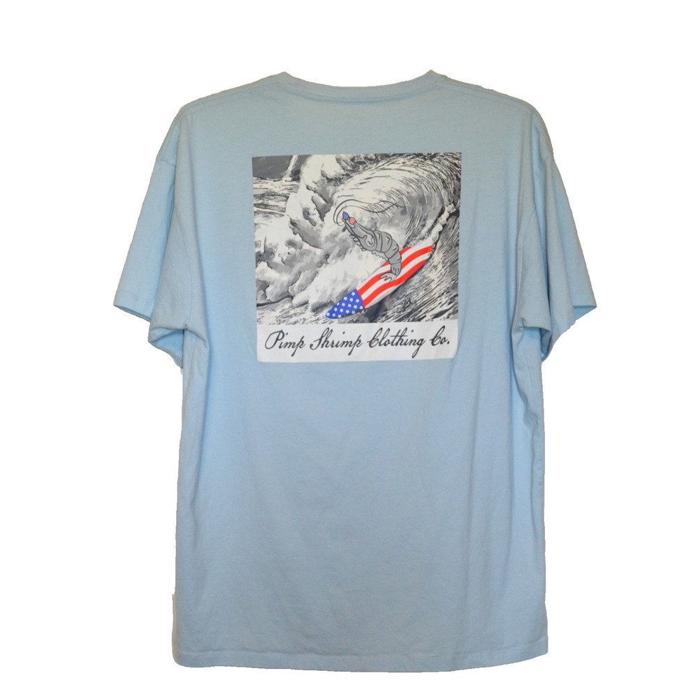 Pimp Shrimp Clothing Co Blue‎ Tee Shirt T-Shirt Mens XL American Flag Surf Board